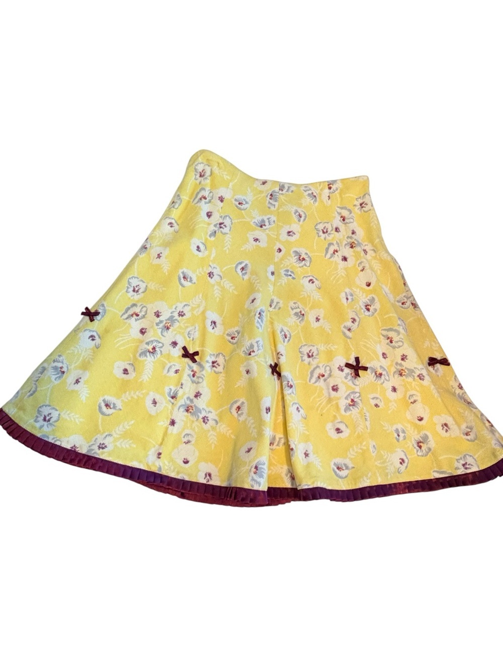 Persaman New York Yellow Floral Circle Skirt with Burgundy Trim